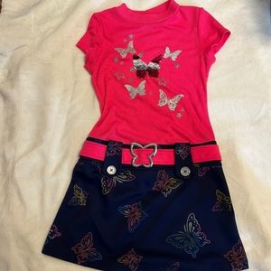 Cotton dress. Ribbed top polyester butterfly print bottom.